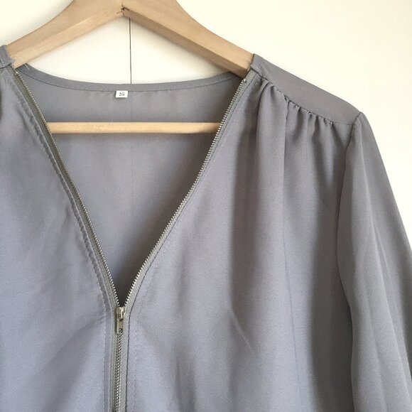 Grey Semi Sheer Lightweight Zip Collar Droptail Hem Blouse - Picture 4 of 16